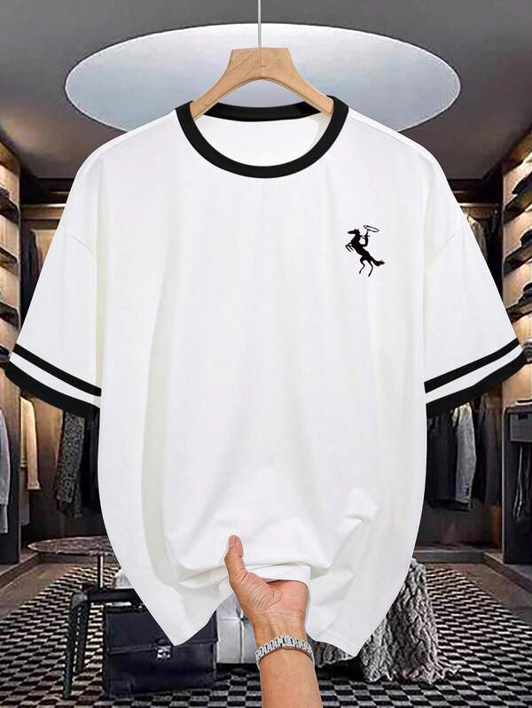 Manfinity Dauomo Men's Casual Colorblock Graphic Print Loose Fit Round Neck T-Shirt, Suitable For All Seasons