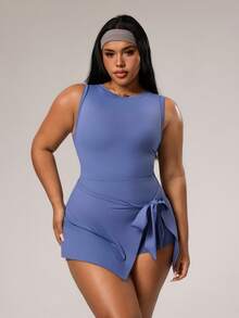 Dewbera Plus Size Solid Color Sleeveless Tie-Wrap Sports Dress Active Wear Dress Curve Athletic Dress Wrap