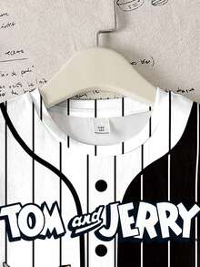 TOM & JERRY X SHEIN Camiseta de manga corta con bloques de color a rayas y estampado de dibujos animados para niño preadolescente - Blanco - Ver 4