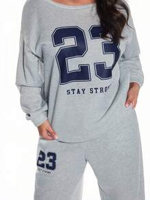 Solavibe Plus Size Street Fashion Plus Size Number Printed Thermal Lined Sweatshirt And Sweatpants 2 Pieces Set, Suitable For Autumn/Winter - Light Grey - View 7