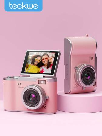 Teckwe 4K 数码相机、CCD 相机、视频博客相机、自动对焦 48MP 人脸检测、翻转屏幕、16 倍数码变焦、傻瓜相机、适合初学者、旅行、家庭圣诞节万圣节的礼物