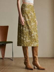 Arave 女士纹理提花 H 型褶皱浪漫印花 A 字裙，适合日常通勤 - 綠色 - 查看 8