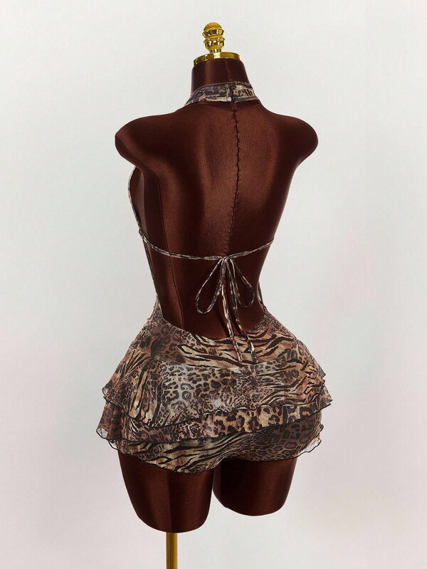 Amplova Women's All-Over Print Hollow Out Backless Sexy Sleeveless Bodysuit Leopard Print Dress