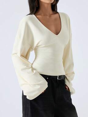 LYSMO 2025 Minimalist Kadın Kışlık Günlük Çok Yönlü Düz Renk Çan Kollu Bluz, İşe Gidip Gelmek İçin Uygun, Noel, Yılbaşı, Yeni Yıl, Şükran Günü, Mezuniyet Gömleği, Şık Kadın Bluzları, Şık Kadın Bluzları, Ev İçin Şık ve Günlük Üstler, Derin V Yakalı Üst, İnci Rengi, Gezinti, Günlük ve Rahat Üst