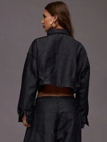 MUSERA 宽松落肩贴袋深色水洗牛仔夹克，适合冬季夜间外出、街头风、可爱返校季、性感、时尚、春夏穿着。 - 藏蓝色 - 查看 4