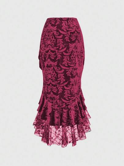 Goth Élégante jupe sirène pour femmes avec dentelle de style palais luxueux, applique décorative de crâne gaufré sur velours et ourlet en dentelle contrastante