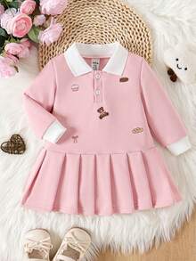 SHEIN Playful Pals 女婴粉色小熊印花长袖翻领连衣裙，甜美时尚，舒适百搭，适合日常穿着，春秋季 - 粉色 - 查看 2