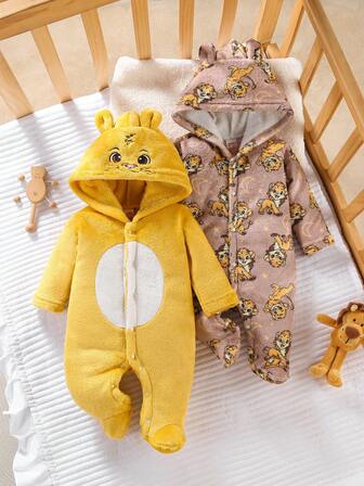 2pcs/Set Newborn Long Sleeve Hooded Romper With Foot Cover, Cute Lion Design, Multicolor Infant Pajamas Newborn Baby Winter Clothes Baby Coat Jumpsuit Newborn Unisex Warm Clothes Newborn Girl Jacket Jumpsuit Fall