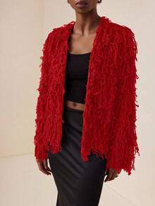 Vesra Solid Color Fringe Decor Casual Versatile Long Sleeve Cardigan For New Year Clothes - Red - View 3