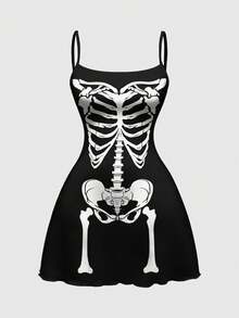 ROMWE Váy ngắn in họa tiết cổ điển gợi cảm phong cách Gothic tối màu dành cho nữ - màu đen - Xem 1