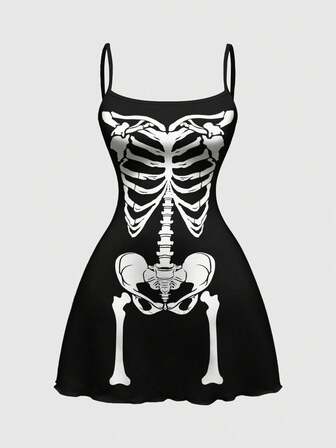 Goth Vestido mini de estampado completo vintage gótico oscuro y sexy con esqueleto para mujeres