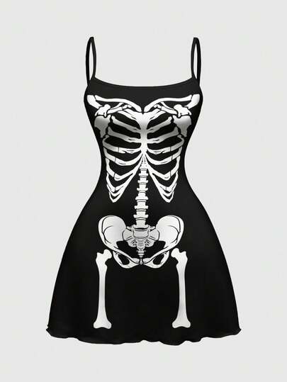 Goth Vestido mini de estampado completo vintage gótico oscuro y sexy con esqueleto para mujeres