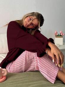 EURMUSE Oversized Soft-Touch Knit Sweater With Ruffled Cuff Sleeves And Crew Neck In Vibrant Pinky - Burgundy - View 4