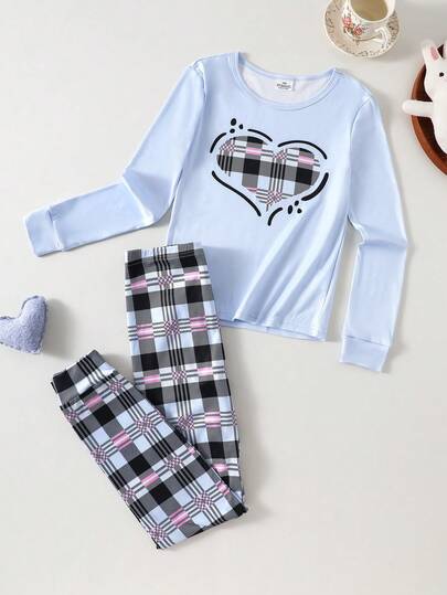2pcs Girls Plaid Print Heart Pattern Long Sleeve Top And Pants Snug Fit Casual Loungewear Set Tween Girl Pajamas For Fall&Winter Clothings