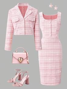 SHEIN 2pcs Girls Elegant Tweed Short Blazer Jacket + Sleeveless Fitted Dress Suit Set, Stylish Outfit For Spring & Autumn
