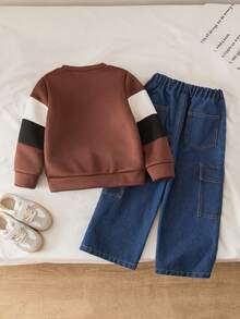 Genkimix Kids Young Boy Fashiony Color Block Fleece Crew Neck Sweatshirt Pullover Paired With Loose Cargo Pocket Denim Jeans Pants Set - Brown - View 2