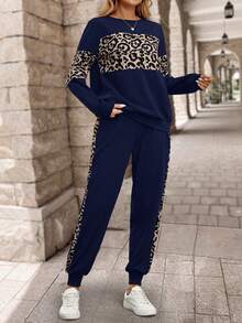 SHEIN LUNE 女式长袖豹纹拼布运动衫和长款运动裤冬季套装两件套女装 - 寶藍色 - 查看 3