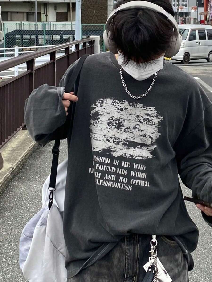 Manfinity Dauomo 男士标语印花圆领休闲宽松长袖 T 恤 - 深灰色 - 查看 1