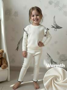 SHEIN Conjunto de suéter de manga larga y pantalones de ajuste holgado para niñas, suéter de punto con dobladillo con volantes y pantalones, cómodo para uso casual, adecuado para otoño/invierno - Albaricoque - Ver 9