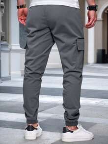 Manfinity Homme 男士成熟街头风弹力腰带抽绳工装裤 灰色工装裤 男士休闲工装慢跑裤 男士休闲裤 男士工装裤 - 深灰色 - 查看 2