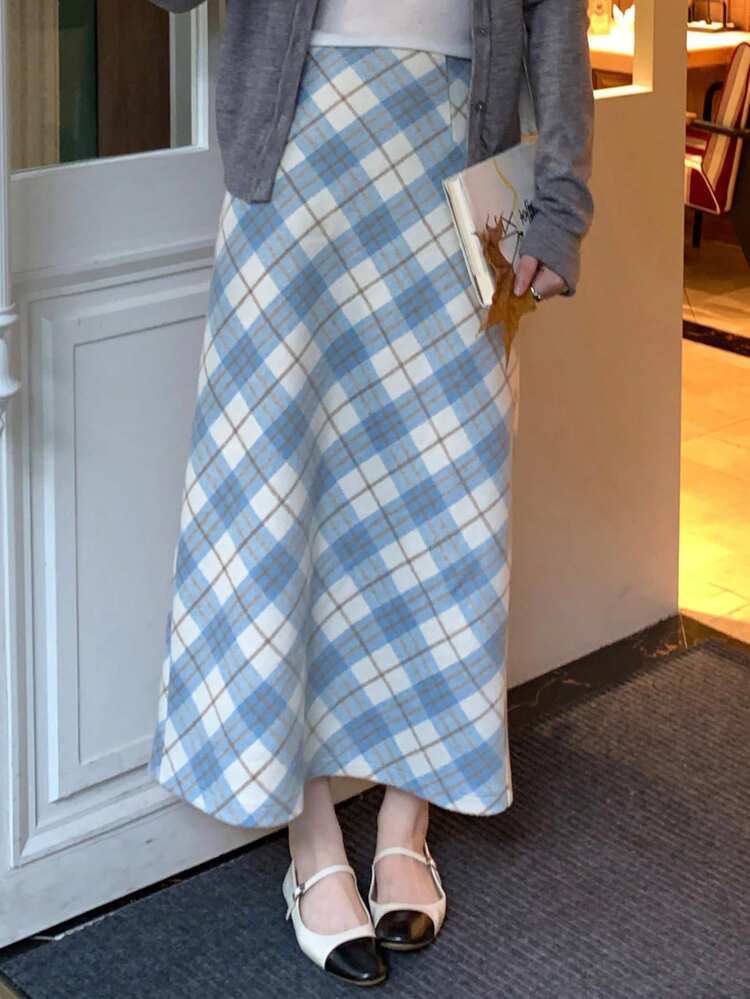 Women's Plaid Long Straight Skirt, Casual Skirt For Autumn/Winter