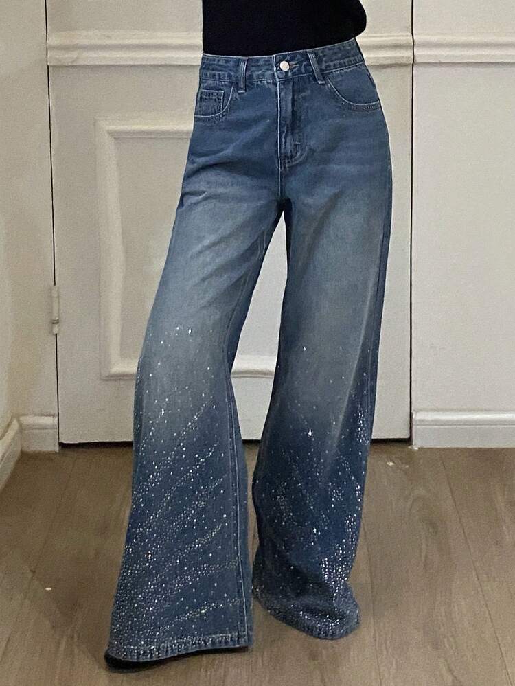 Women's Regular Waist Loose Flare Jeans With Gradient Rhinestone Embellishment, Elegant