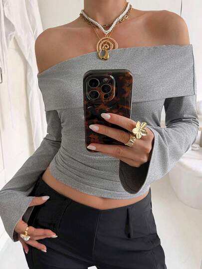 Livesso Women's Casual Short T-Shirt With Bell Sleeves, Off-Shoulder, Fitted, Autumn Long Sleeve Women