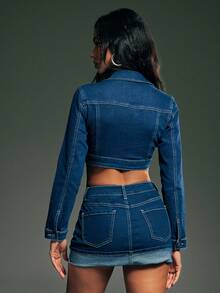 Denimoi Áo khoác denim dài tay đơn sắc tối giản hàng ngày dành cho nữ - Rửa tối - Xem 3