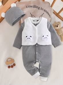 3pcs Baby Boy Autumn Winter Set,Cute Panda Plush Vest,Grey Striped Jumpsuit,Ear Hat,New Born Clothes,Unisex White Outfit,Matching Family - Grey - View 3