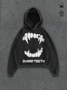 Manfinity ZONE917 Oversized Streetwear Vampire Teeth Graphic White Hoodie With Black Splatter Print
