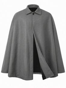 Manfinity Homme 男士休闲纯色单排扣羊毛斗篷夹克，秋冬 - 淺灰色 - 查看 4