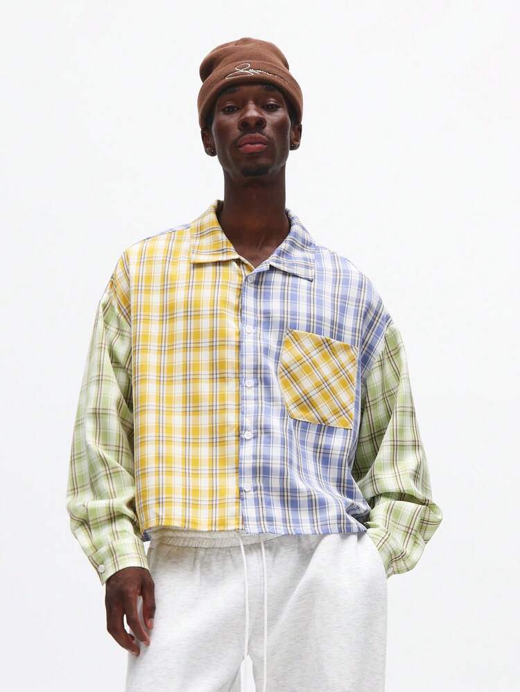Crop Fit Long Sleeve Color Block Check Shirt