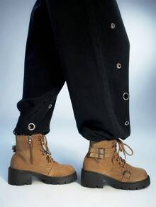 Sugerpunk 女士休闲时尚搭扣系带踝靴，秋冬款 - 棕色 - 查看 2