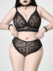 ROMWE Avant 加大码时尚蕾丝透明金属蝴蝶链镂空内衣套装 - 黑色 - 查看 1