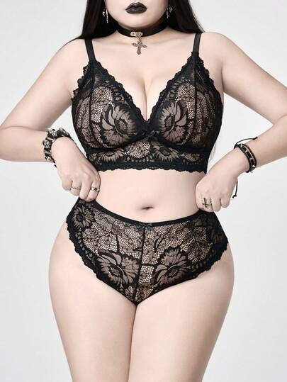 ROMWE Avant Conjunto de lencería de talla grande con encaje, cadena de mariposa metálica transparente y calado