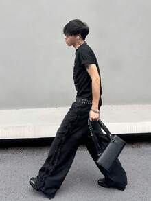 GALLERY FADE 男士流行實色刷毛寬鬆牛仔褲，寬大破洞深色洗水裤，帶口袋簡約黑色出行Y2K情侶裝