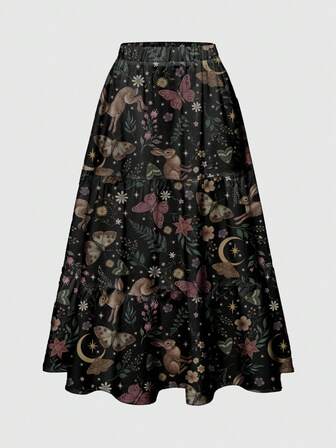 Fairycore Gonna da donna a 3 strati con stampa integrale, caratterizzata da disegni ispirati alla natura come conigli, piante, funghi, sole, luna, rose, farfalle e falene in un'estetica scura