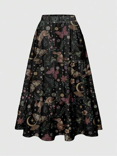 Fairycore Jupe imprimée sur toute la surface, 3 couches, pour femmes, avec des motifs de lapin, plante, champignon, soleil, lune, rose, papillon, mite dans un style sombre inspiré de la nature