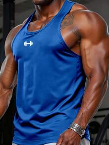 GymBeat 男士杠铃印花休闲健身露背背心 运动背心 皇家蓝背心 男士健身背心 健身上衣 男士健身服 - 藍色 - 查看 3