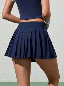 CourtClass 女士纯色高腰瑜伽运动百褶迷你裙 - 藏蓝色 - 查看 2