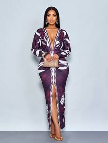 SOLERSUN Vestido largo elegante de mujer con estampado floral de cintura alta, manga larga, escote en V profundo y elegante para otoño - Morado - Ver 3