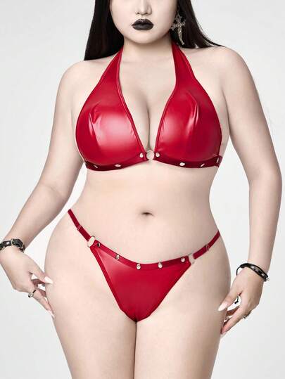 Grunge Punk Conjunto de lencería de sujetador halter y tanga con tachuelas de estilo punk oscuro de talla grande