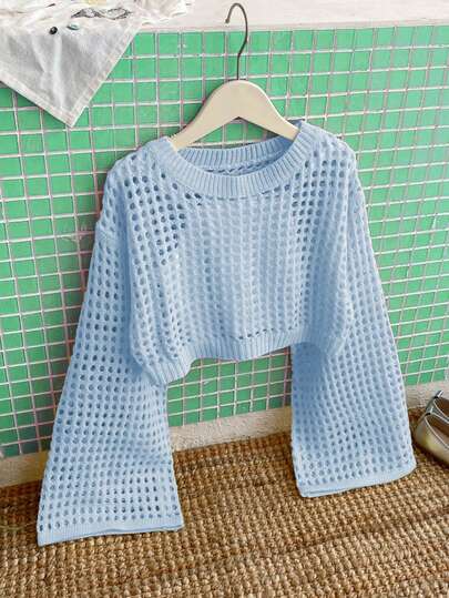 Tween Girl Solid Color Round Neck Drop Shoulder Long Sleeve Loose Hollow Out Sweater