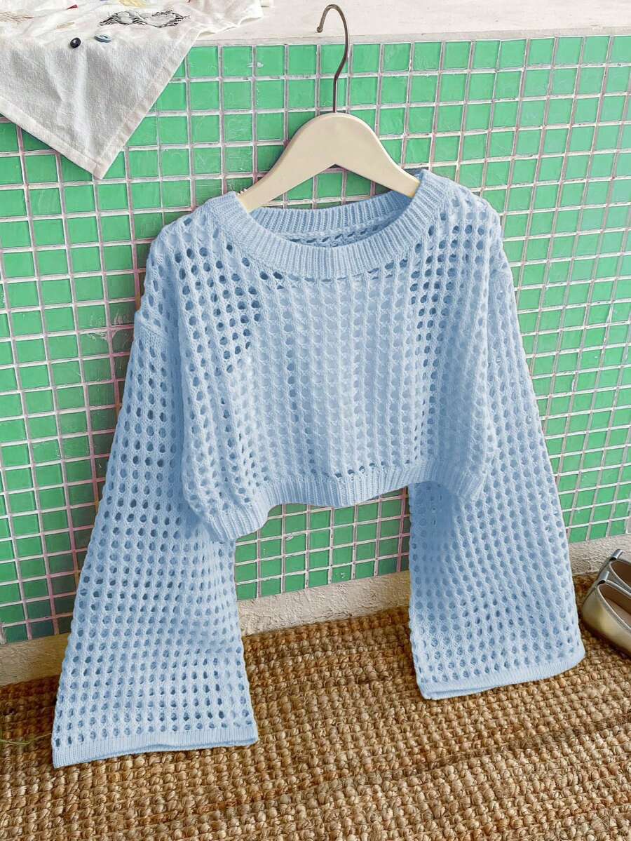 Tween Girl Solid Color Round Neck Drop Shoulder Long Sleeve Loose Hollow Out Sweater - Baby Blue - View 1