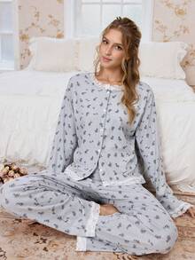CottageSlumber Soft & Skin-Friendly Floral Lace Trim Long Sleeve Women Pajama Set, Winter Clothes - Grey - View 2