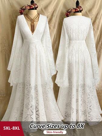 SHEIN CURVE+ Lyxig fransk spetsklänning, ny moderiktig elegant v-ringad klänning med utsvängda ärmar, formell festklänning, födelsedagsklänning