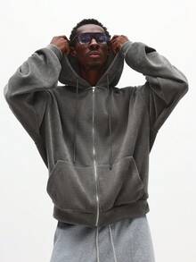 SUMWON 经典全拉链连帽衫，带抽绳兜帽，罗纹纹理，休闲日常舒适 - 深灰色 - 查看 1