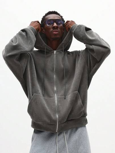 SUMWON 经典全拉链连帽衫，带抽绳兜帽，罗纹纹理，休闲日常舒适