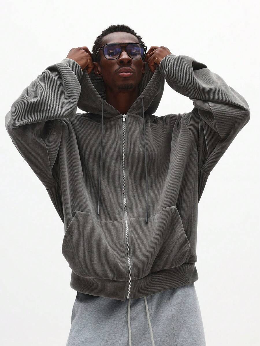 SUMWON 经典全拉链连帽衫，带抽绳兜帽，罗纹纹理，休闲日常舒适 - 深灰色 - 查看 1