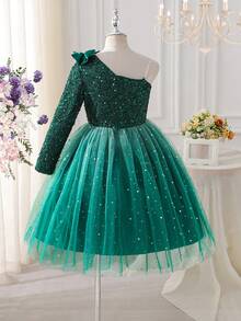 Tween Girl Elegant Sequin Patchwork Bow Decor One Shoulder Dress - Green - View 2